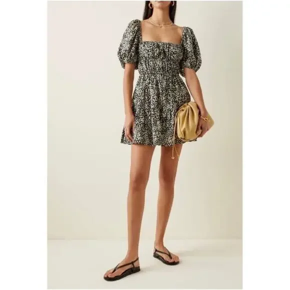 Matteau Shirred Peasant Puff Sleeve Mini Dress Midnight Daisy Cotton Size 2 US - Picture 3 of 10